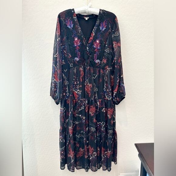 REBA | Black Paisley Print Midi Dress Sheer Sleeves Metallic Detail | Size XL - Picture 1 of 8